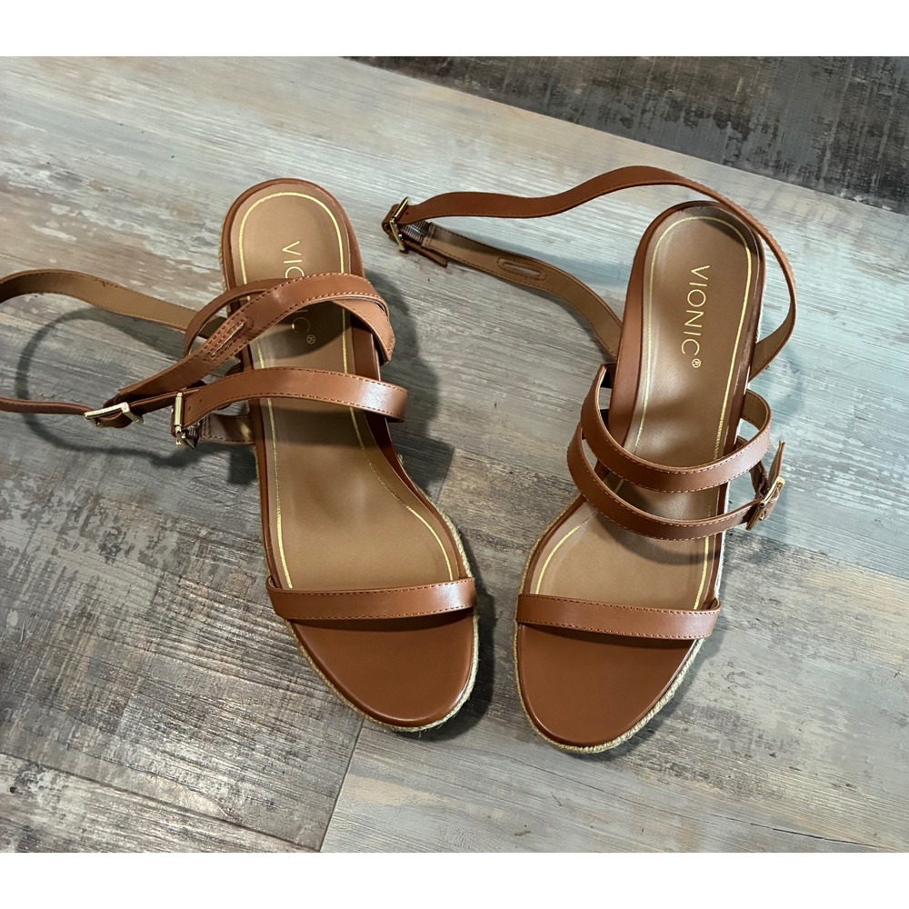 Vionic Womens Tan Brown Leather Espadrille Wedge Sandals Strappy Buckle Heel - Picture 2 of 12